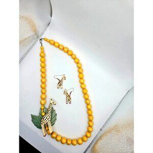 Vintage Wooden Yellow Bead Giraffe Necklace and Earring Set rare